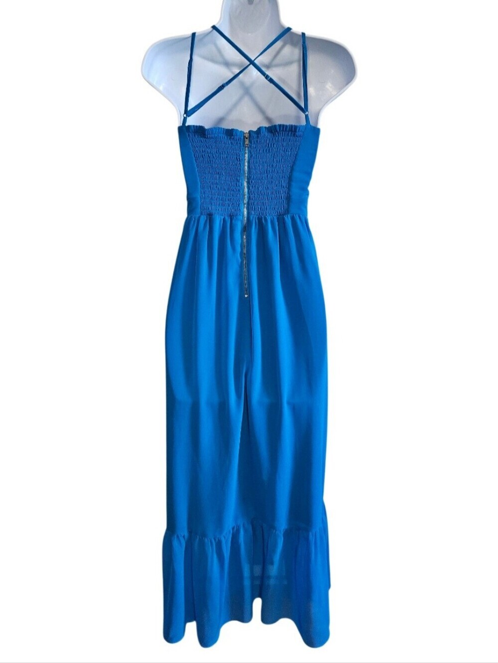 0088 American Eagle Blue Maxi Dress Size Medium Bustier Bodice Cross Back Straps - Picture 4 of 13